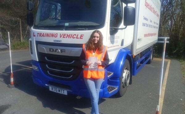 Amber celebrating after passing her Category C 3a HGV test at MT Training’s Plymouth centre