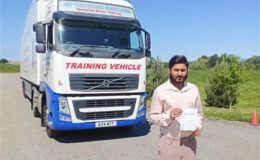 Usama celebrating his clean sheet CE 3b HGV test pass at MT Training Birmingham