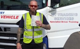 Dan celebrating after passing his CE 3b articulated HGV test at MT Training Plymouth