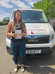 Olivia after passing her C1 3a off-road manoeuvre test at MT Training Tewkesbury