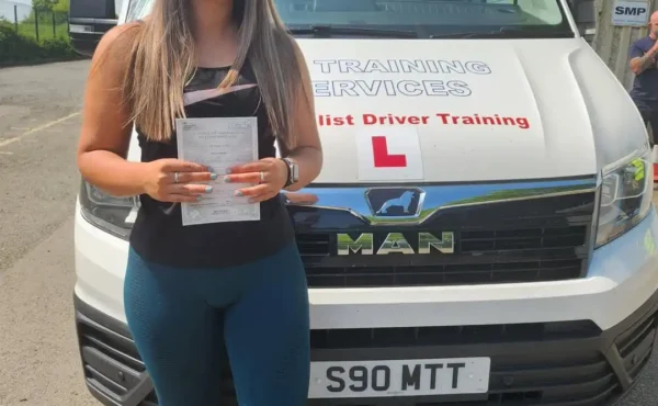 Olivia after passing her C1 3a off-road manoeuvre test at MT Training Tewkesbury