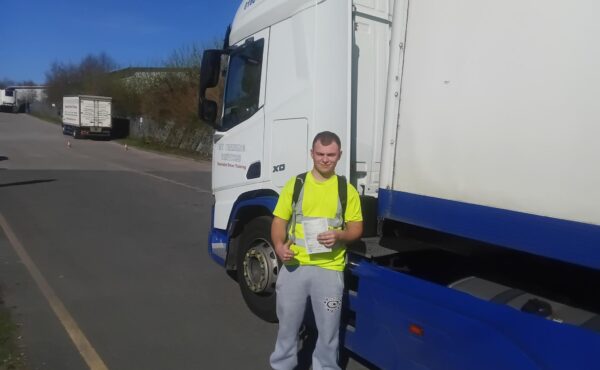 Trainee driver Christopher after passing his CE 3a manoeuvring test during HGV training in Plymouth with MT Training Services